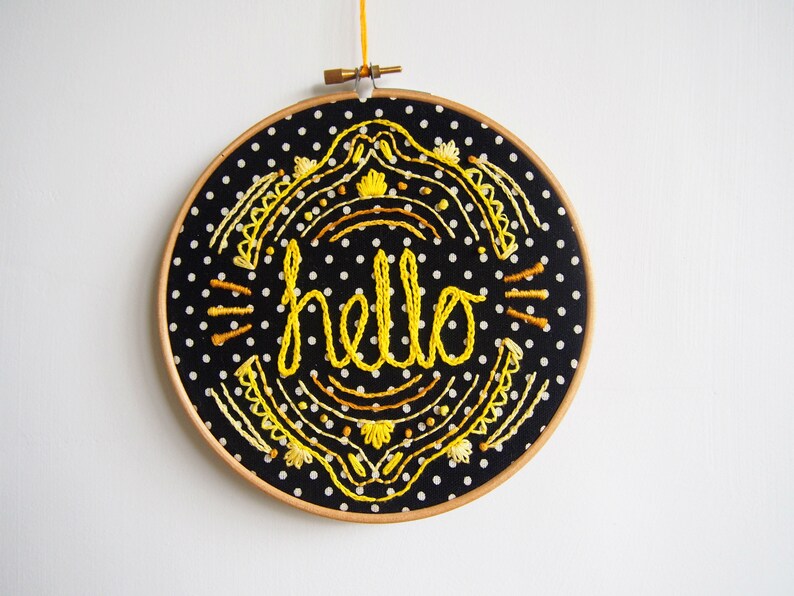 Hello, yellow, black and white hand embroidered 6 hoop art image 1