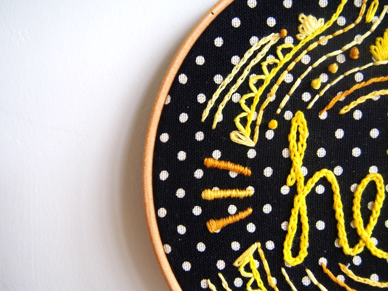 Hello, yellow, black and white hand embroidered 6 hoop art image 3