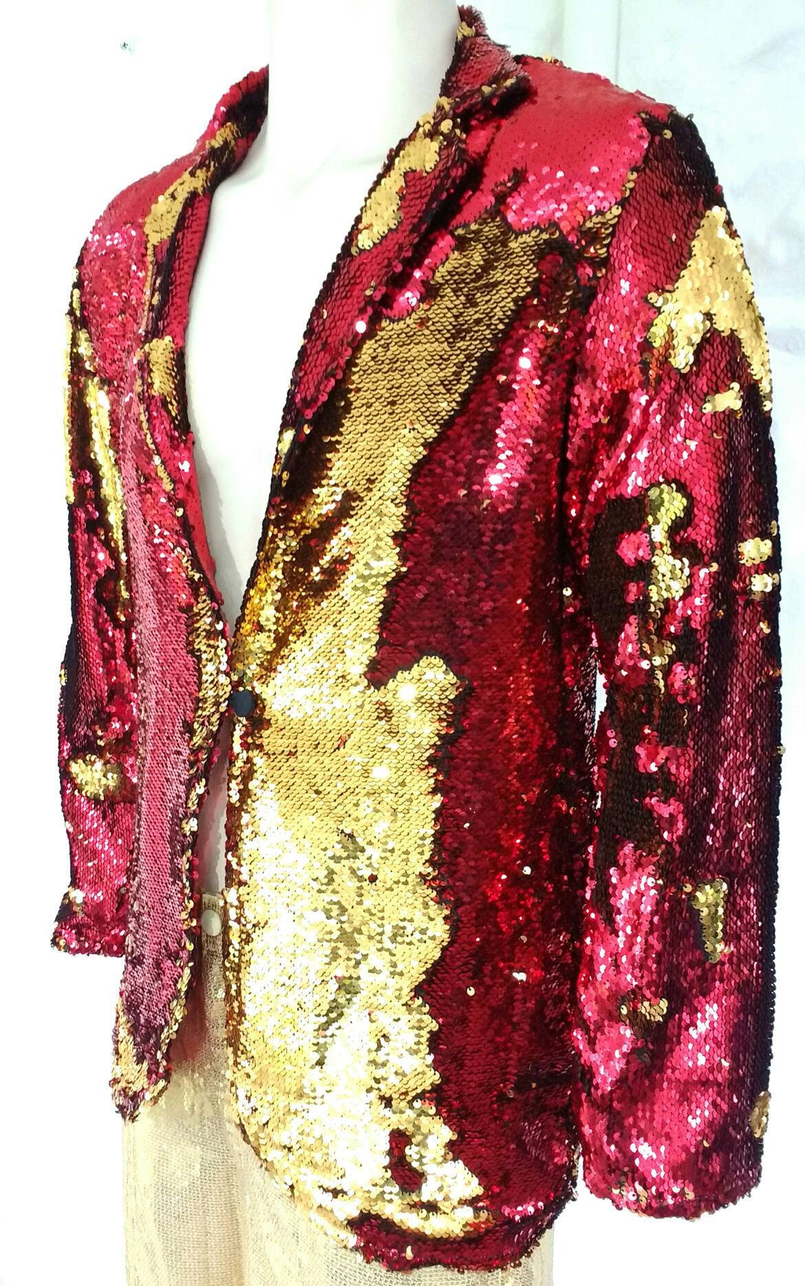 Image of Red Gold Men's Sequin Blazer, Reversible Sequins Jacket, Free Worldwide Shipping