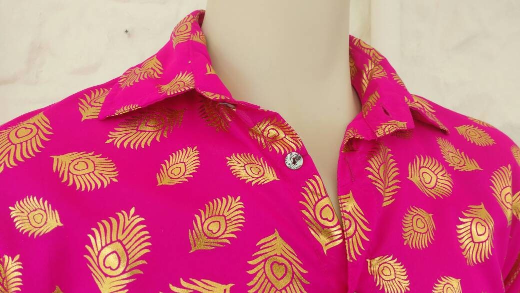 Image of Hot Pink & Gold Leaf Print Festival Wedding Shirt