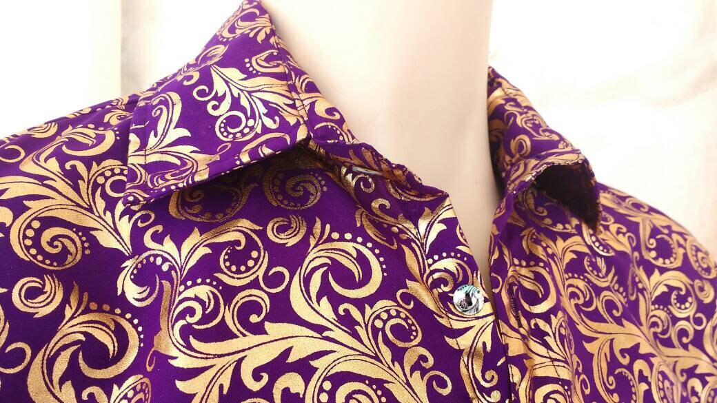 Image of Baroque Purple & Gold Leaf Print Festival Wedding Shirt