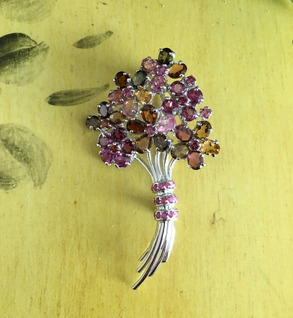 Sterling Silver Bouquet Brooch, Tourmaline & Ruby Gemstone Flowers