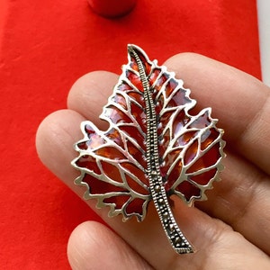 Leaf Brooch and Pendant Sterling Silver Marcasite Enamel Champagne Color