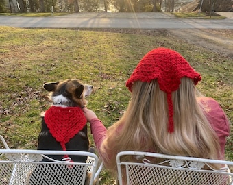 Könnte beinhalten: Ein roter gehäkelter Hut und ein passender Hundepullover. Der Hund sitzt auf einem weißen Metallstuhl neben einer Person, die ein rotes Langarmshirt trägt. Der Hundepullover hat eine Herzform.
