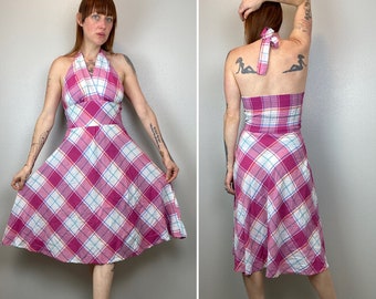 1980s Does 1950s Halter Summer Dress Pink Plaid Marilyn Monroe Vintage Summer Dress Festival Sleeveless Sexy Cotton Full Skirt Size Medium