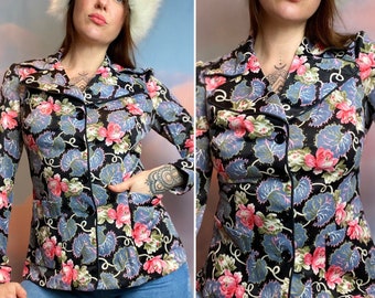 1970s Jacket Floral Jacket Vintage VTG Black Blue Bohemian Psychedlic Hippie Shirt Blouse Size Medium Sassy Lassy Button Up Pockets