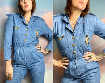 Vintage Denim Jumpsuit Denim Overalls Jean Romper Long Sleeve 1990s 1980s VTG Retro Flight Suit  One Piece Size Small Medium Nautical