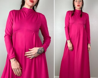 Pink 1960s Maxi Dress Long Sleeve Gown Gown Maxi Empire Waist A Line Colorful Fuchsia Formal Event Dramatic Vintage Wedding Size Small