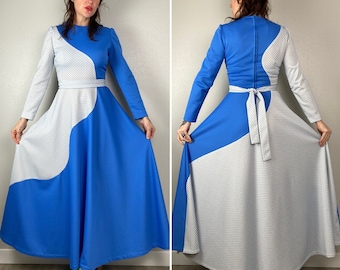 1970s Maxi Dress Long Sleeve Color Block Abstract Textured Blue and White ShowStopper Gown Gala Floor Length Unique Artistic Size Small Med