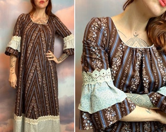 1970s Prairie Dress Floral Maxi Blue Sleeves Lace Flower Hawaiian Hilda Hawaii A Line Sexy Scoop Neck Size Med Brown Calico Gunne Sax Style