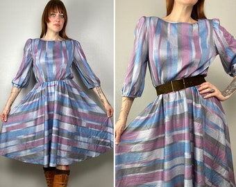 1970s Striped Dress Disco Dress Full Skirt 80s Puffed Sleeve Skater Skirt Long Sleeve Vintage VTG Retro Blue Gray Purple Size Medium Large