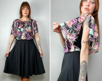 1970s Disco Dress Floral Dress Full Skirt 80s Flutter Sleeve Skater Skirt Short Sleeve Vintage VTG Retro Black Floral Tulip Medium Large