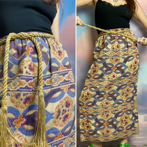 1960s Maxi Skirt Tapestry Skirt Barcode Skirt Metallic Psychedelic Mr. Gee Formal Mod Belt Colorful Purple Gold Print Size Small Medium