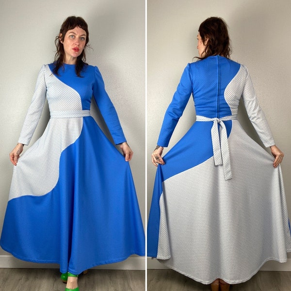 1970er Jahre Maxi Kleid Langarm Farbblock Abstrakt Strukturiert Blau und Weiß ShowStopper Kleid Gala Boden-Länge Einzigartig Künstlerisch Größe S Med