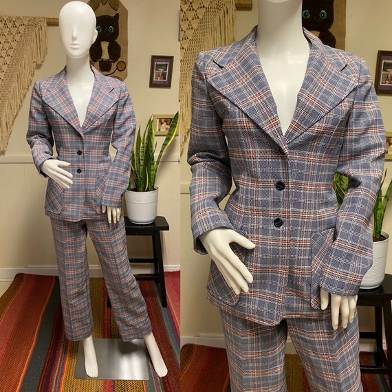 1970s Pant Suit Plaid Pantsuit Blue Women's Suit L