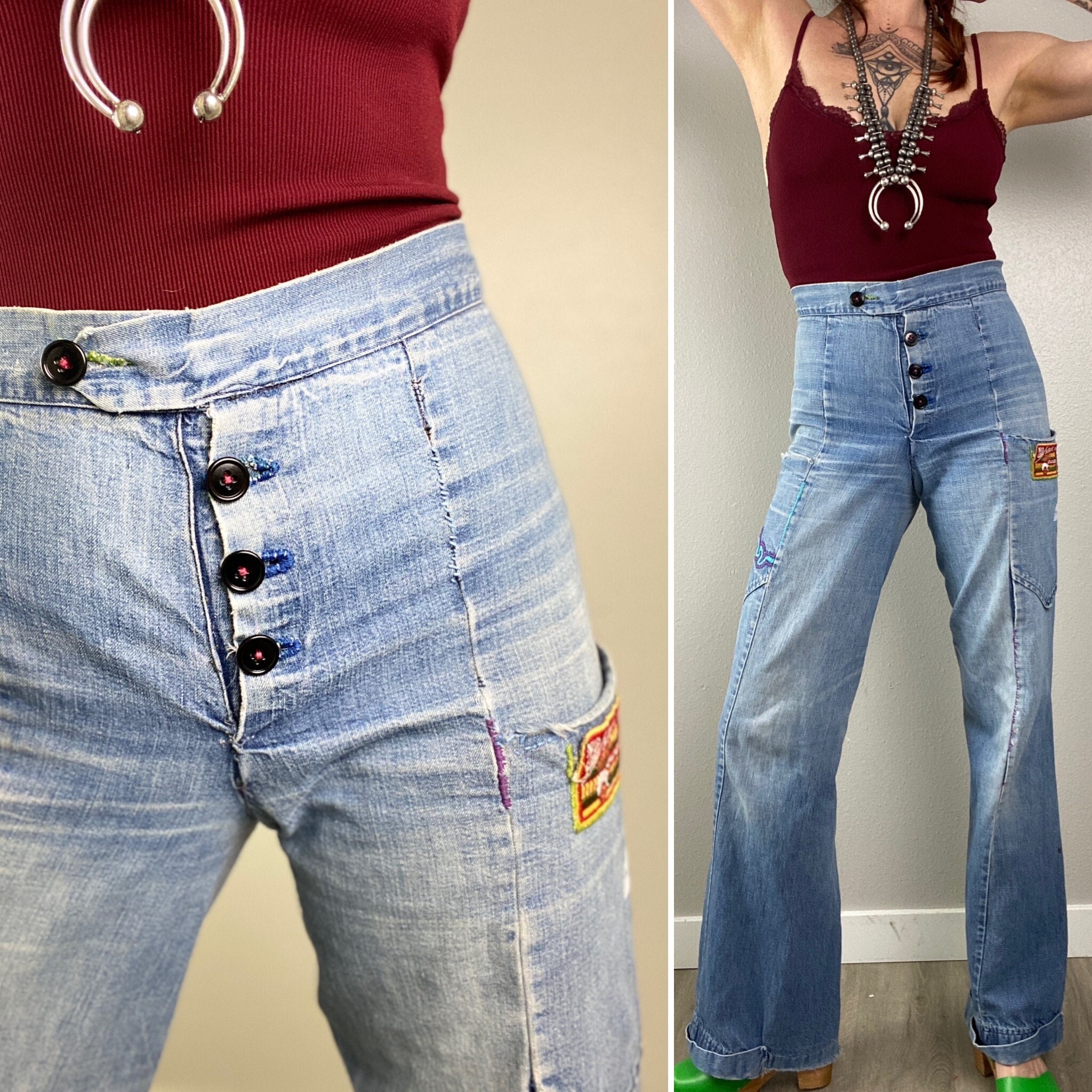 1970s blue jean patches, I loved the ripped off pockets on …