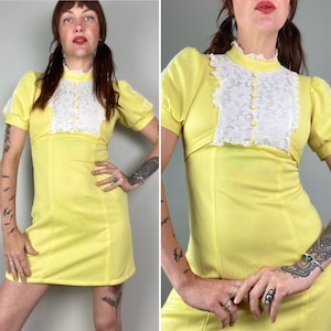 Jaren 1960 Babydoll Jurk Gele Kanten Jurk Schattig Vintage Retro jaren &#39;60 Jaren &#39;70 Korte Mini Jurk Lolita Maat Kleine Mod Gepofte Mouwen jaren 1990 Riot Girl