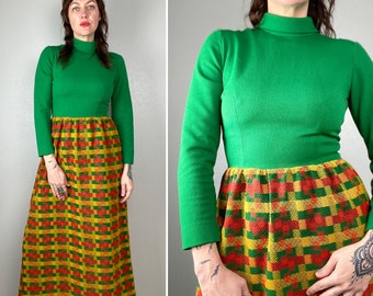 1970s Maxi Dress Green Plaid Ankle Length Long Sleeve Turtleneck Colorful Bright Orange Yellow Fit and Flare Retro VTG Size Small Medium