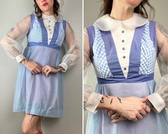 1960s Mod Dress 60s Boho Mini Dress Baby Doll Peter Pan Collar Psychedelic Swinging Sixties Periwinkle Sheer Preppy Retro Boho Mad Men Small