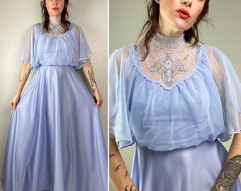 1970s Maxi Dress &0s Does Victorian Lilac Vintage Wedding Lace Satin High Collar Vintage Full Skirt Medium Flutter Sleeve Spring Romantic