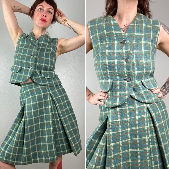1960s Two Piece Vest and Skirt Set Plaid Pleated … - image 2