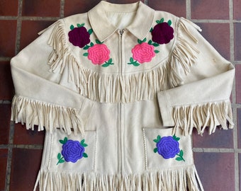 1950s Fringe Jacket Western Jacket Fringe Coat White Wool Rose Embroidered Floral Cowgirl Boy Rare Retro Unisex True Vintage Size Large XL