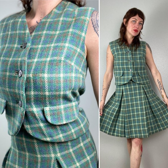 1960s Two Piece Vest and Skirt Set Plaid Pleated … - image 3