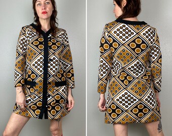 1960s Jacket 1960s Mini Dress Retro Jacket Trench Mid length Lightweight Abstract Jacket Geometric Mod Hippie Brown Black Jo Jr. Size Med