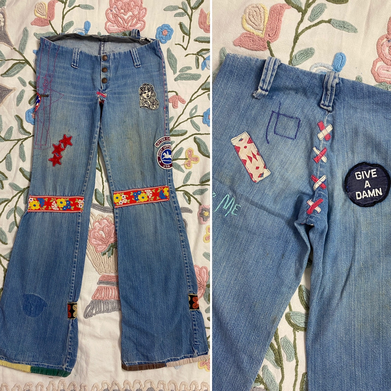1970s Patched Hiphugger Jeans Hippie Bellbottoms Patchwork - Etsy