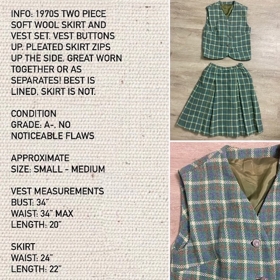 1960s Two Piece Vest and Skirt Set Plaid Pleated … - image 9