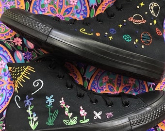 Custom Embroidered Converse Sneakers Hand Embroidery Chucks Floral Flowers Planets Solar System Unique Gift Nature Wedding Made To Order