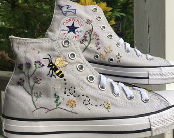 Custom Embroidered Converse Sneakers Hand Embroidery Chucks Floral Flowers Bees Bird Unique Gift Nature Wedding Save The Bees Made To Order