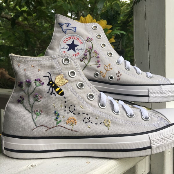 Custom Embroidered Converse Sneakers Hand Embroidery Chucks Floral Flowers Bees Bird Unique Gift Nature Wedding Save The Bees Made To Order