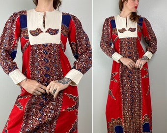 1970s Block Print Maxi Dress Pakistani Made Hippie Bohemian Boho Dress Psychedelic Maxi Wedding Tunic Empire Waist Festival Cotton Bird