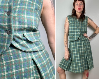 1960s Two Piece Vest and Skirt Set Plaid Pleated Skirt Knee Length Separates Button Up Vest Size Small 60s Mod Retro VTG Wool Winter Fall