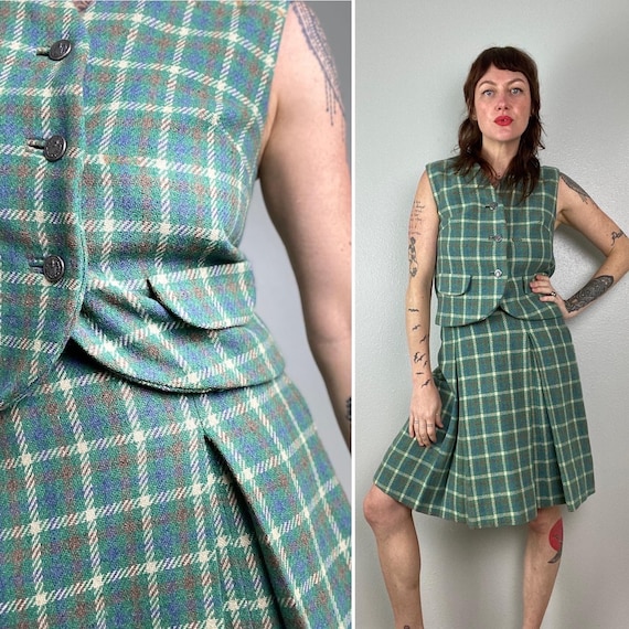 1960s Two Piece Vest and Skirt Set Plaid Pleated … - image 1