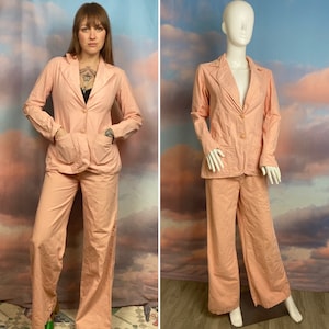 1970s Suit Women&#39;s Pantsuit Leisure Suit Pink Two Piece Vintage Pantsuit Bellbottoms High Waist Jacket And Pants Pink Suit Size Small Medium