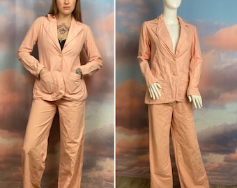 1970s Suit Women's Pantsuit Leisure Suit Pink Two Piece Vintage Pantsuit Bellbottoms High Waist Jacket And Pants Pink Suit Size Small Medium