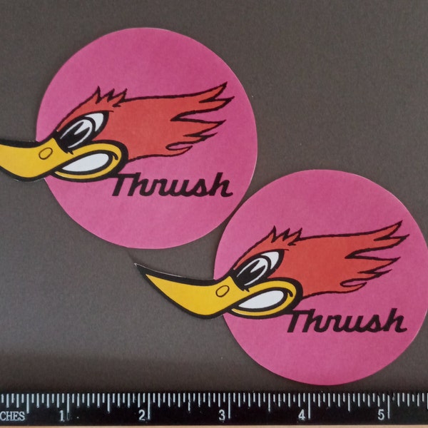 Thrush Mufflers .. two.. save 15% .. 1970 vintage style decal ....Rat Rod ... Drag Racing ... Tool box decal ... Dad Gift ... Mechanic Gift