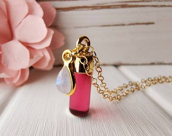 Collar de turmalina rosa y piedra lunar, colgante de turmalina rosa dorada, delicado collar de piedra lunar dorada, piedra de nacimiento de octubre, piedra de nacimiento de junio