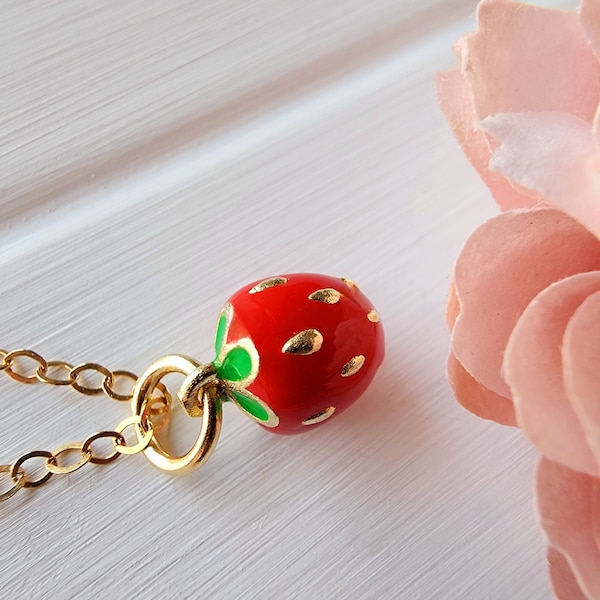 Red strawberry necklace, Gold strawberry necklace, Gold fruit necklace, Dainty fruit necklace, Strawberry jewelry gift, Tiny fruit pendant