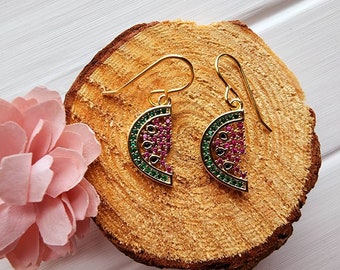 Watermelon slice dangle earrings, Gold watermelon dangle earrings, Dainty watermelon earrings, Gold fruit earrings, Watermelon jewelry gift