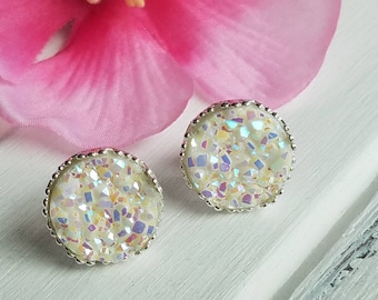 White druzy stud earrings, White and silver druzy studs, Dainty white druzy earrings, White druzy post earrings,  Large druzy stud earrings