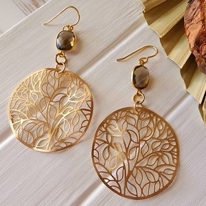Boho brown topaz earrings, Large gold filigree earrings, Smoky topaz dangle earrings, Gold filigree dangle earrings, Smoky topaz jewelry