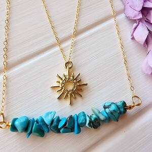 Türkis Perle Bar Halskette, Gold Türkis Boho Halskette, Boho Gold Sonne Halskette, Edelstein Perle Bar Halskette, Türkis Bar Anhänger