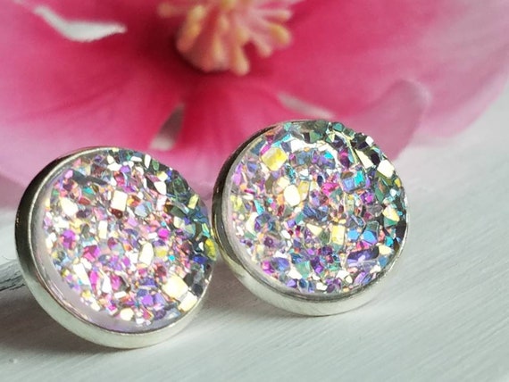 Clear and Silver Druzy Studs, Clear Druzy Stud Earrings, Everyday