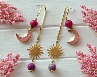 Pink celestial statement earrings, Long brass celestial earrings, Boho druzy moon earrings, Celestial goddess earrings, Boho sun earrings