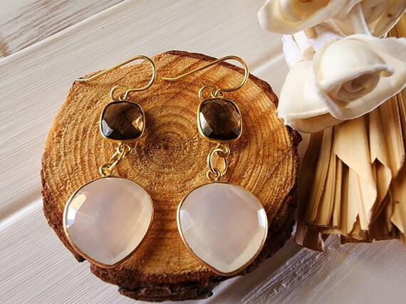 Brown Topaz Dangle Earrings White Chalcedony Earrings Brown and