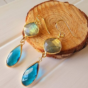 Boho labradorite dangle earrings, Gold labradorite gemstone earrings, Sea blue glass dangle earrings, Blue glass teardrop earrings, Her gift