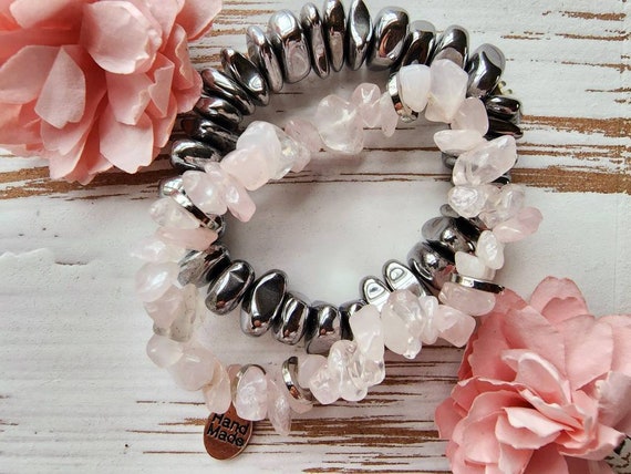 Pink and Silver Stretch Bracelet, Pink Chip Bracelet, Hematite